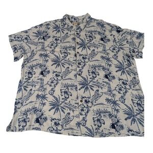 Island Passport Mens 3XL Tropical Toile Aloha Shirt Navy Blue White Short Slv